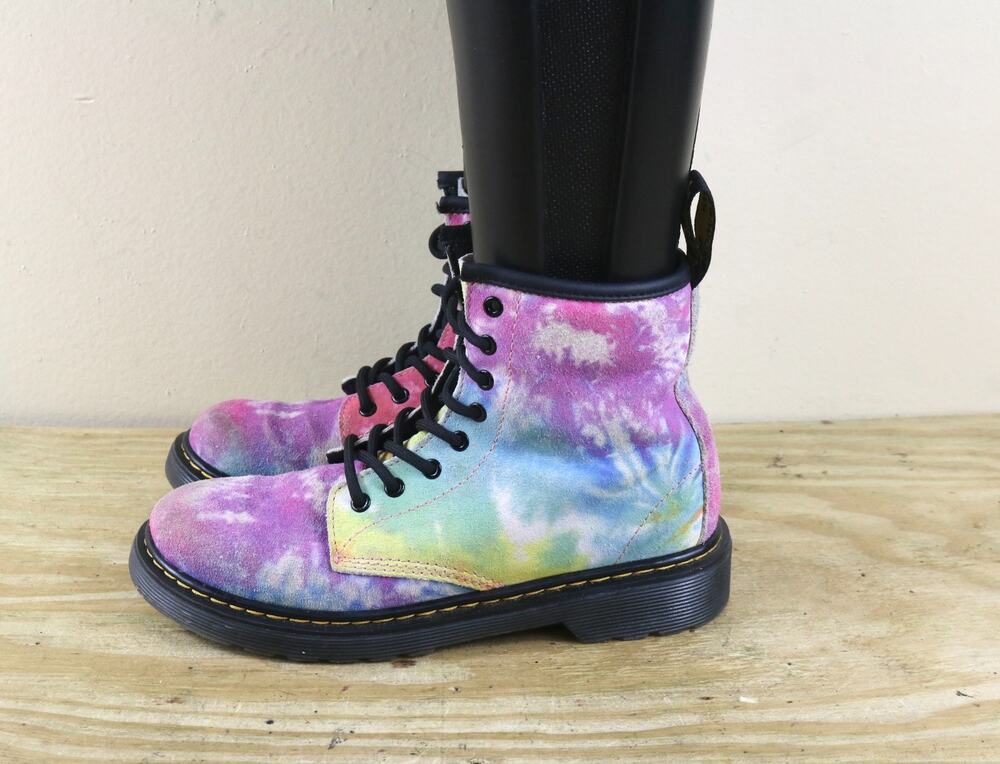 Dr. Doc Martens Boots 1460J Girls 3 Suede Rainbow Tie Dye Combat Ankle Shoes